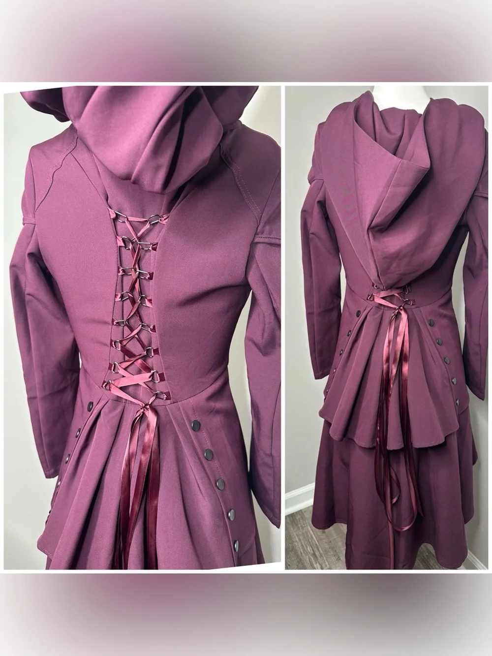 Fashion Plum Asymmetric lace -Back jacket /dress with Hood-nwot- small